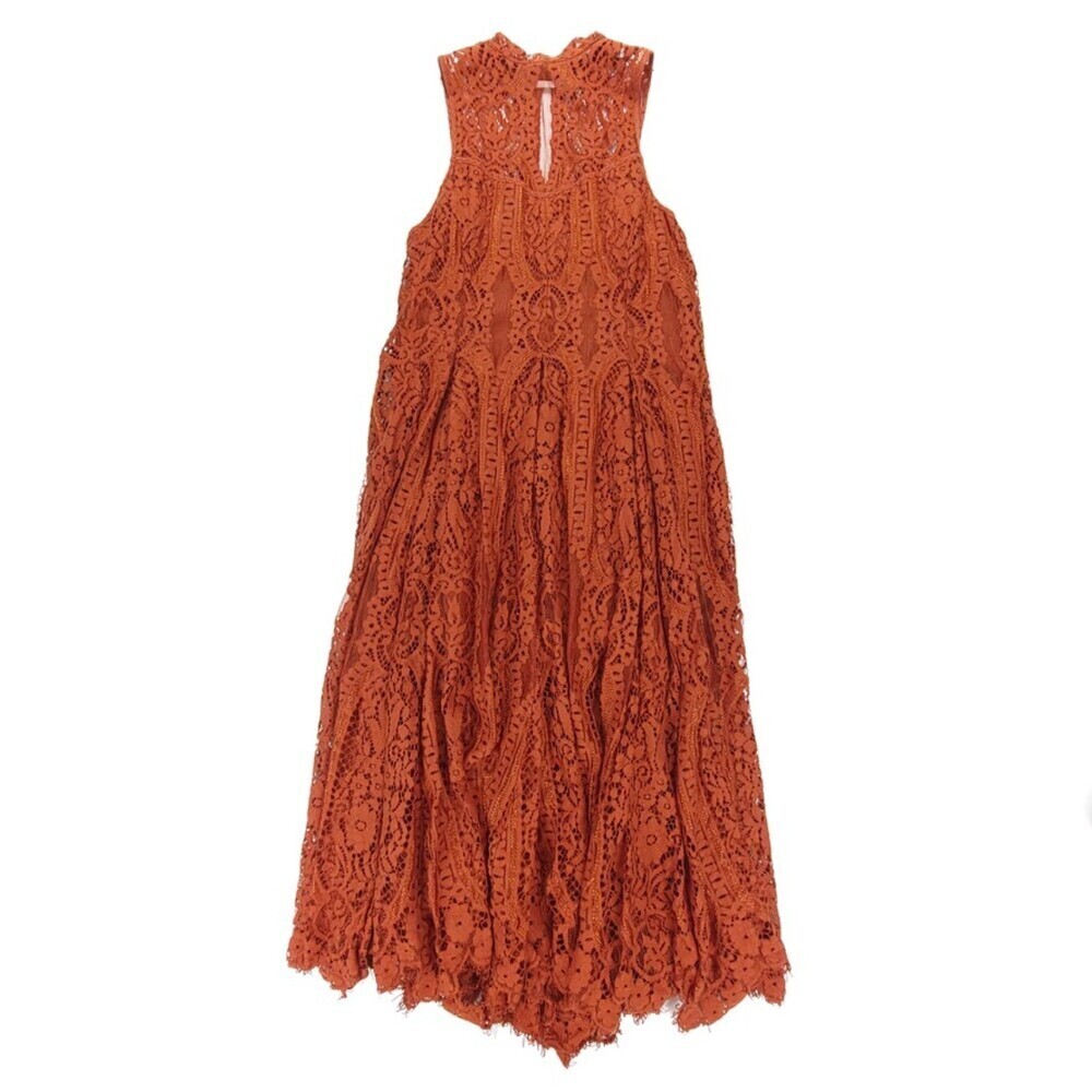 FREE PEOPLE Angel Rays Sheer Lace Trapeze Midi Dress Rust Copper Ethereal Boho